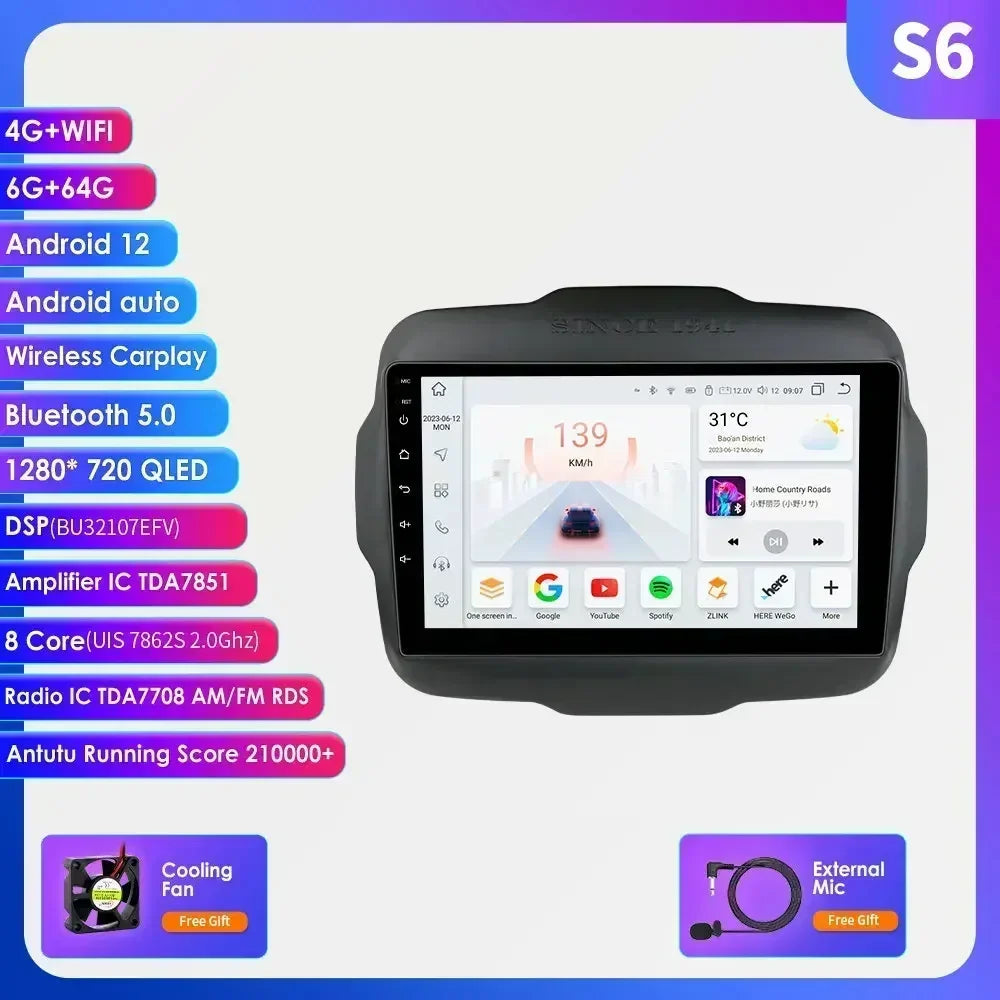 7862 Carplay 4G-LTE 9" Car Radio Android for Jeep Renegade 2016-2020 Multimedia Player Navigation GPS 2 Din Stereo DSP Autoradio