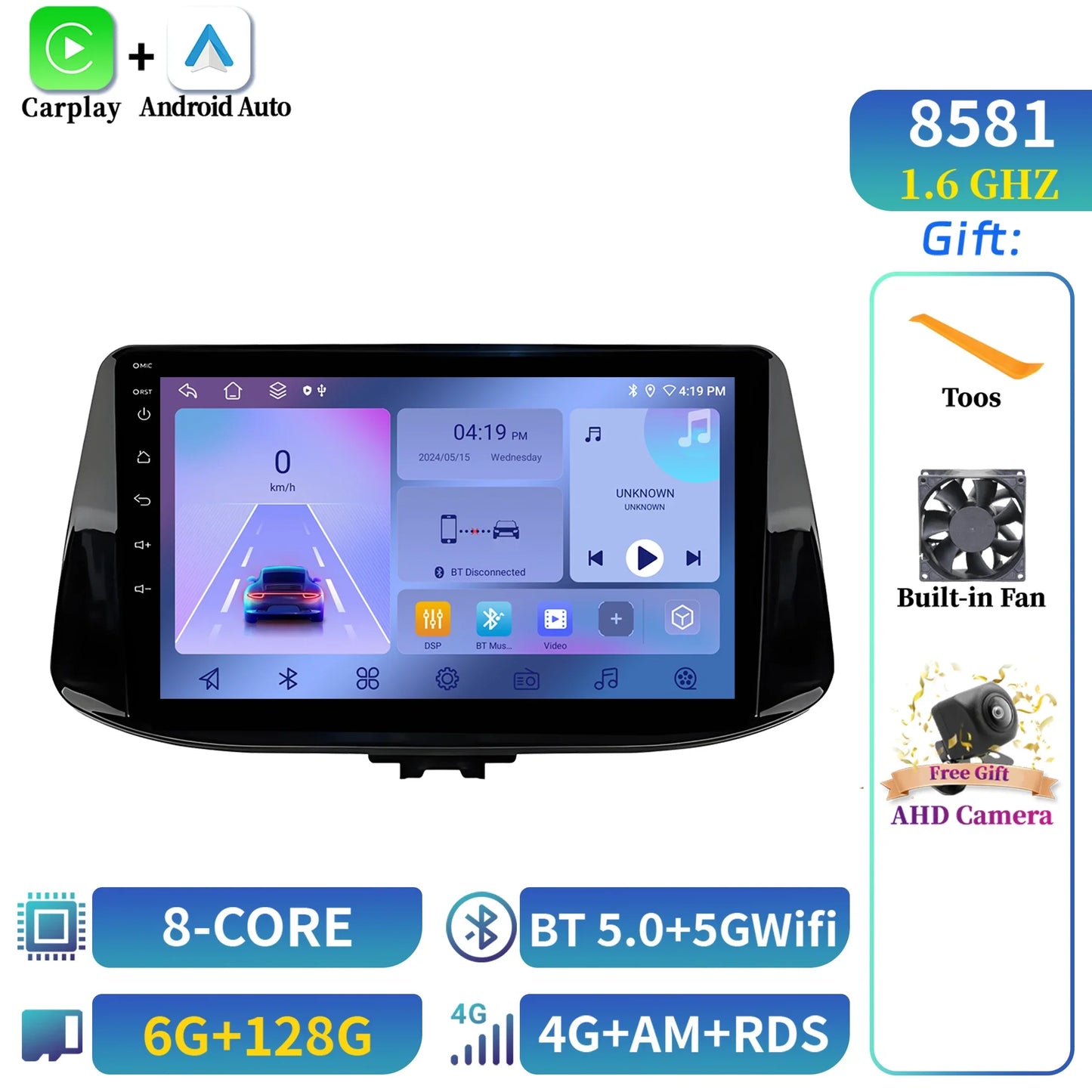 For Hyundai i30 2017 2018 CarPlay Car Radio Multimedia Player Navigation Wireless BT Carplay Android 14 Stereo 2K QLED Screen