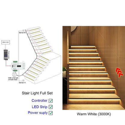 Intelligent Motion Sensor Stair Light Smart Controller 10 20 32 40 Steps Fast Install High Bright COB LED Strip Full Set STEP-05 power tools