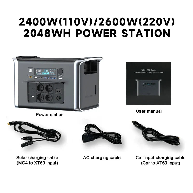 2000W/2048Wh Portable Power Station 640000mAh 220V LifePo4 Batterie Generator+200W Solar Panel Powerstation Emergency Backup