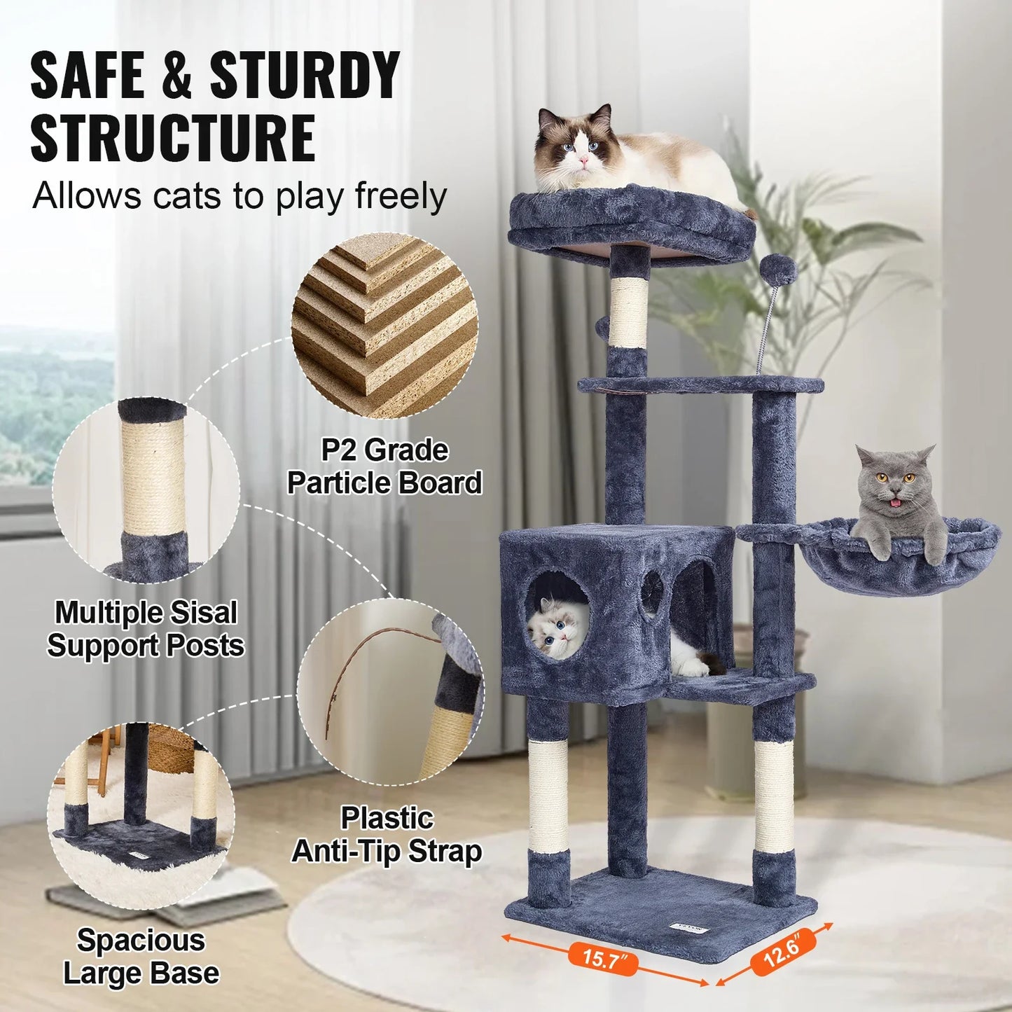 VEVOR Cat Tree for Indoor Cats 45.2" Cat Tower with Cat Condo Sisal Scratching Post HammockTop Perch Jumping Platforms Dark Grey