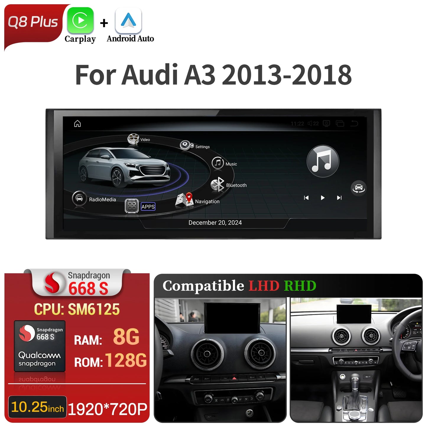 10.25 inch Android 14 For Audi A3 2013-2018 Car Radio Wireless Bluetooth Carplay Head Unit Qualcomm Snapdragon 680 Touch Screen