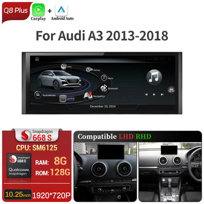 10.25 inch Android 14 For Audi A3 2013-2018 Car Radio Wireless Bluetooth Carplay Head Unit Qualcomm Snapdragon 680 Touch Screen