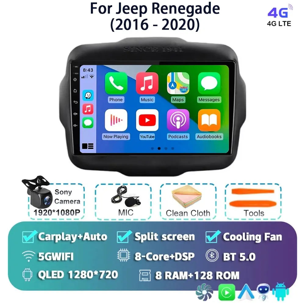 Android 14 For Jeep Renegade 2016 - 2020 2K QLED Android Car Radio Multimedia Video Player GPS AI Voice CarPlay 4G Stereo