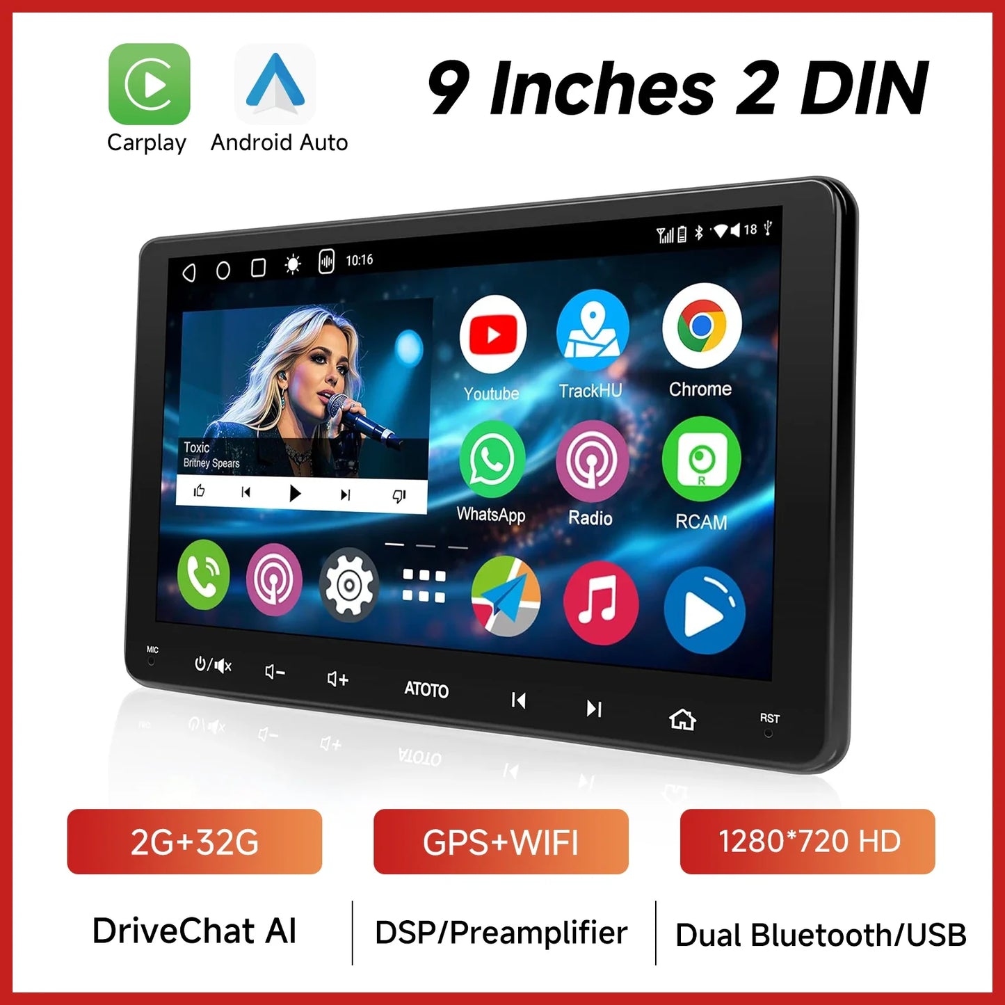 ATOTOZONE 9 Inch Android Car Radio Stereo Multimedia GPS Navigation Bluetooth WiFi FM Support Wireless Android Auto Carplay
