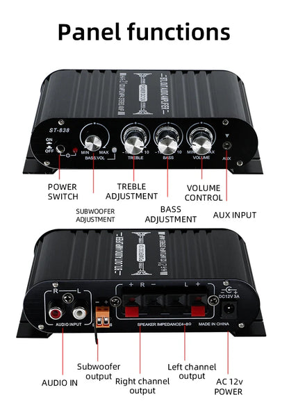 Mini car Amplificador Audio With  Bluetooth5.0  2.1 Channel Supports Input from Mainstream Devices such as DVD, TV, Computer