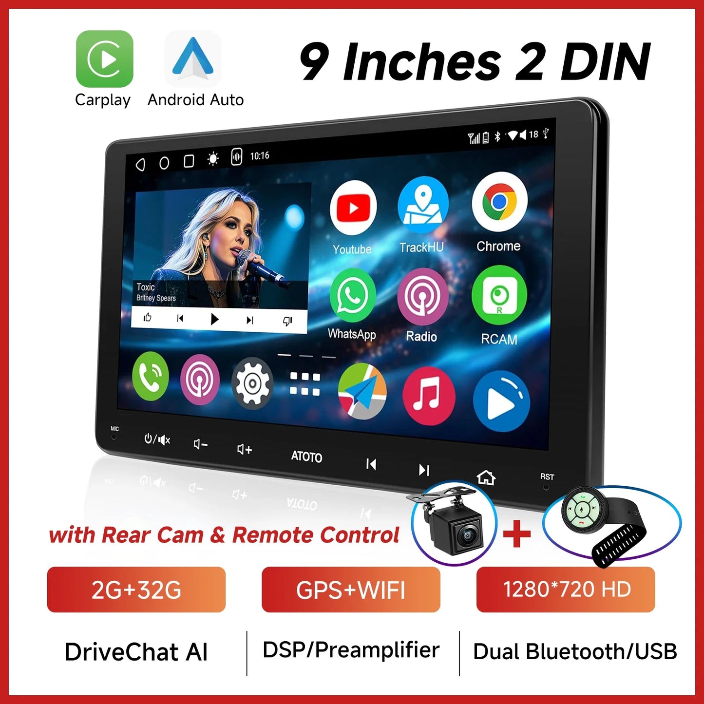 ATOTOZONE 9 Inch Android Car Radio Stereo Multimedia GPS Navigation Bluetooth WiFi FM Support Wireless Android Auto Carplay
