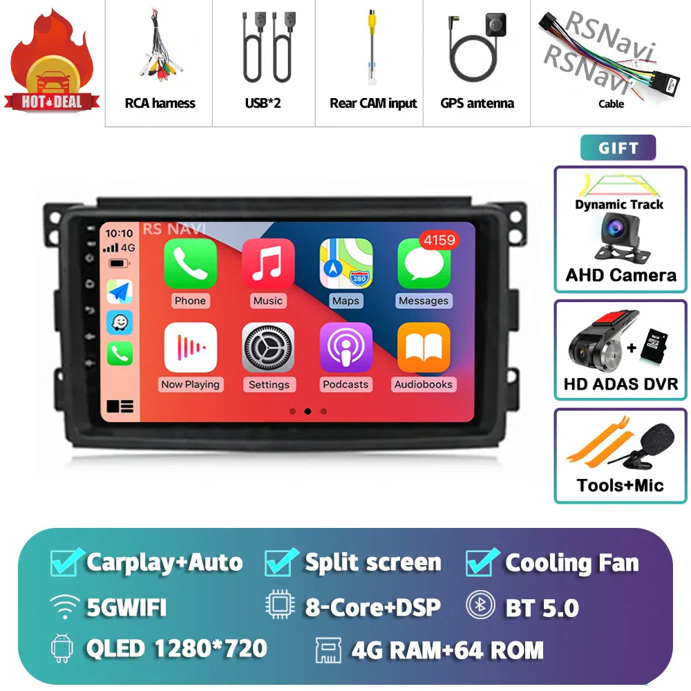 Android 14 Carplay Car Radio Multimedia For Mercedes-Benz Smart Fortwo 451 2005 - 2010 Head Unit GPS Navigation Video DVD Stereo
