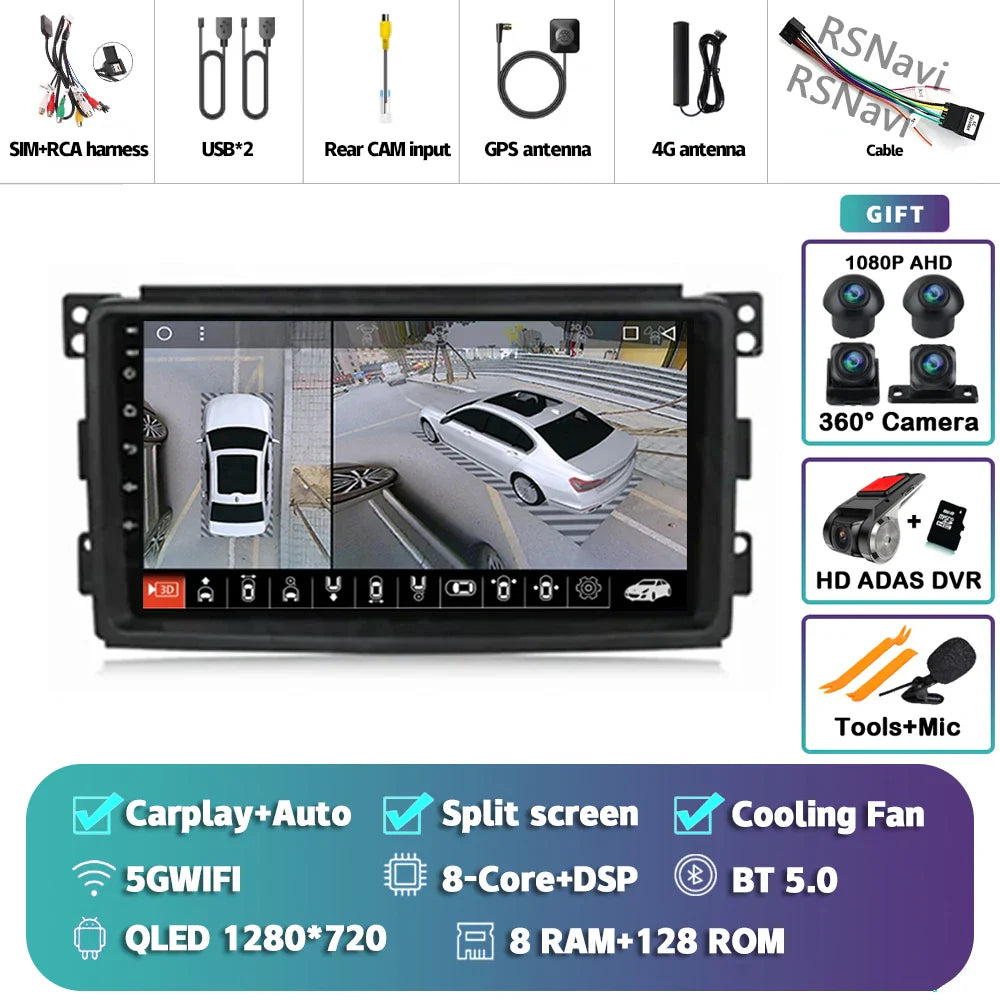 Android 14 Carplay Car Radio Multimedia For Mercedes-Benz Smart Fortwo 451 2005 - 2010 Head Unit GPS Navigation Video DVD Stereo