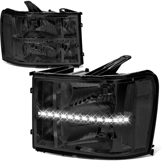 LED DRL Headlights Assembly Compatible with GMC Sierra Driver and Passenger Side, Smoked Lens Clear Corner