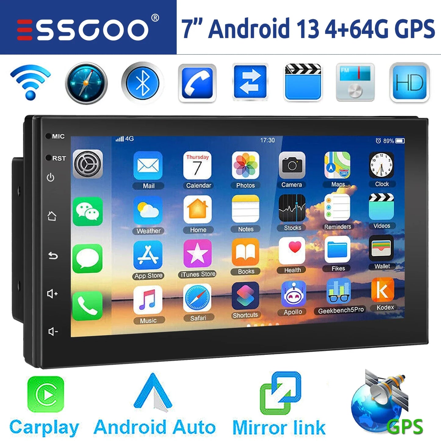 ESSGOO 7"/9"/10“ 2 DIN Android 13 4+64G Car Stereo Carplay Android Auto GPS Navigation Bluetooth FM RDS Radio WIFI Touchscreen