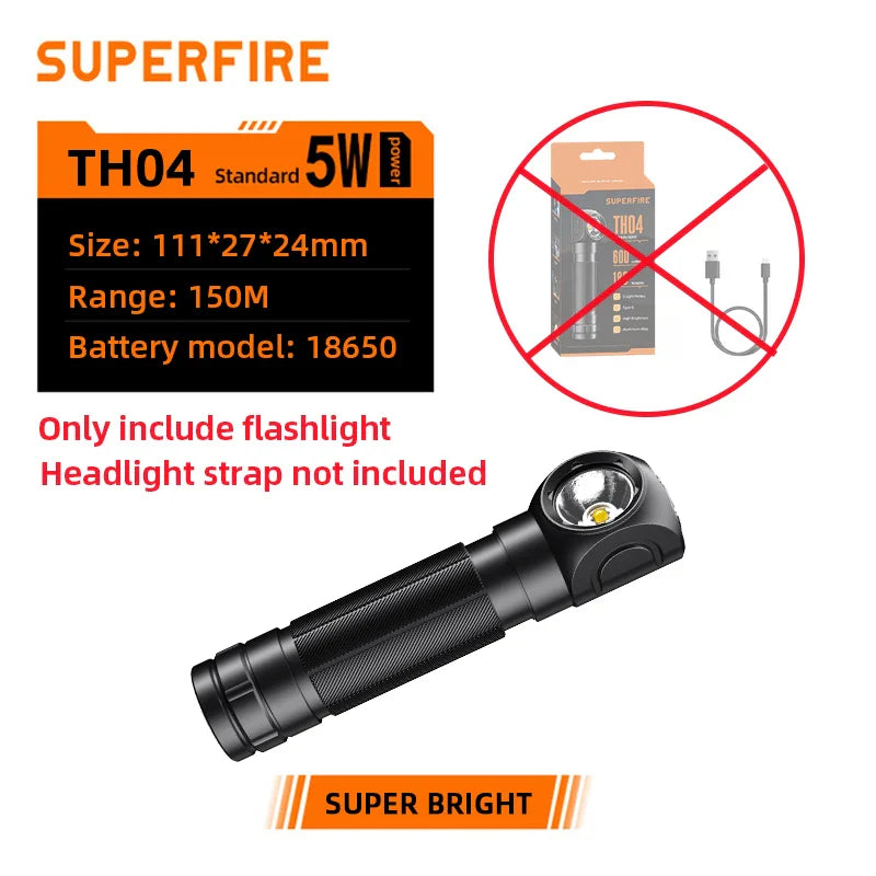 SUPERFIRE High Power LED Headlamp USB Rechargeable 90° Headlight Camping Torch with Power Indicator Magnet Tail Head Flashlight