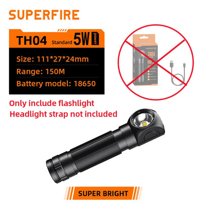 SUPERFIRE High Power LED Headlamp USB Rechargeable 90° Headlight Camping Torch with Power Indicator Magnet Tail Head Flashlight