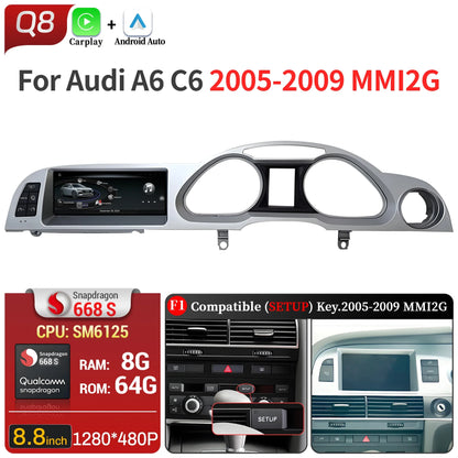 8.8 inch Right Hand Drive Android 14 For Audi A6 C6 2005-2011 Car Radio Wireless BT Carplay Qualcomm Snapdragon 680 Touch Screen