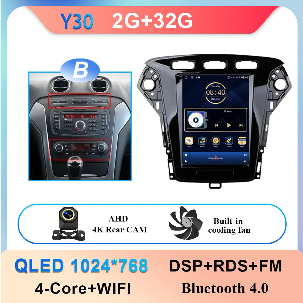 9.7 Inch Android 14 Car Radio Stereo Multimedia Player For Ford Mondeo MK4 2011 - 2013 Auto GPS Navigation wireless carplay DVD