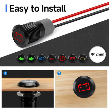 12mm Dashboard Indicator Light 12V Car Turn Signal Trouble Lamp High Beam Metal Waterproof Dash Warning Light with 300mm Wire