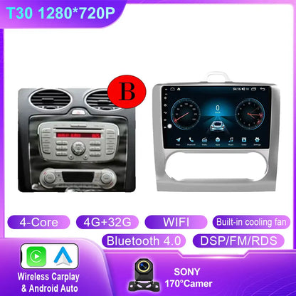 Android 14 Wireless CarPlay Auto For Ford Focus 2 3 Mk2 Mk3 2004-2011 4G+WIFI Car Radio Multimedia Stereo Player GPS 360 Camera
