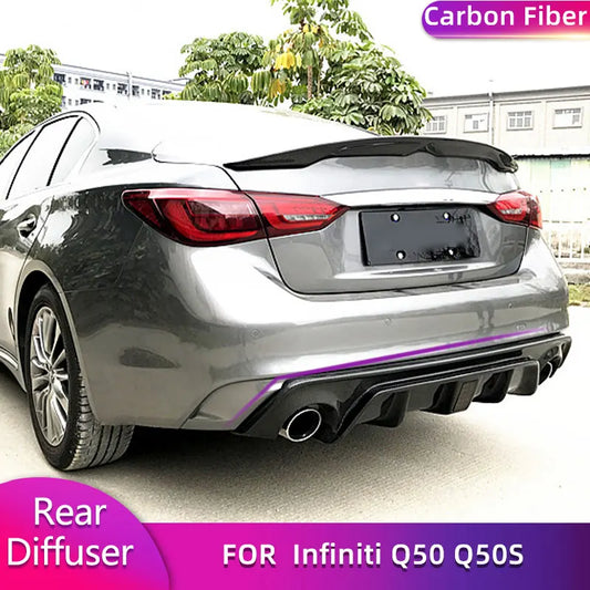 Carbon Fiber Rear Bumper Diffuser Lip Spoiler for Infiniti Q50 Q50S Sedan 4D 2018 2019 Car Rear Apron Lip With Light Body Kit