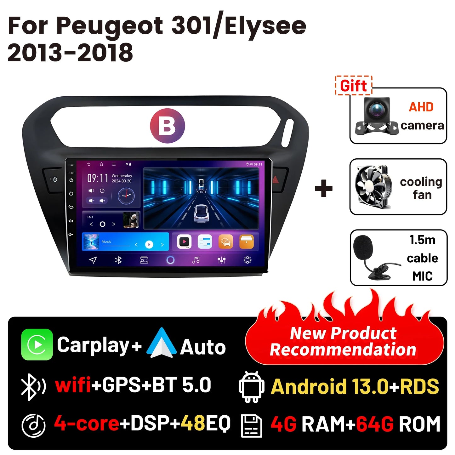 Wireless CarPlay Android Auto Car Bluetooth Radio For Peugeot 301 Citroen Elysee 2013-2018 2Din Android 14 DSP GPS FM Autoradio