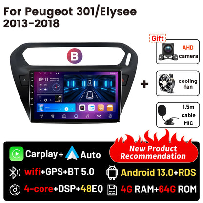 Wireless CarPlay Android Auto Car Bluetooth Radio For Peugeot 301 Citroen Elysee 2013-2018 2Din Android 14 DSP GPS FM Autoradio