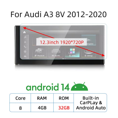 Android 14 Carplay Android Auto Touch Screen For Audi A3 8V 2013-2020 Car Radio Multimedia Player GPS Stereo Navigation DSP WIFI
