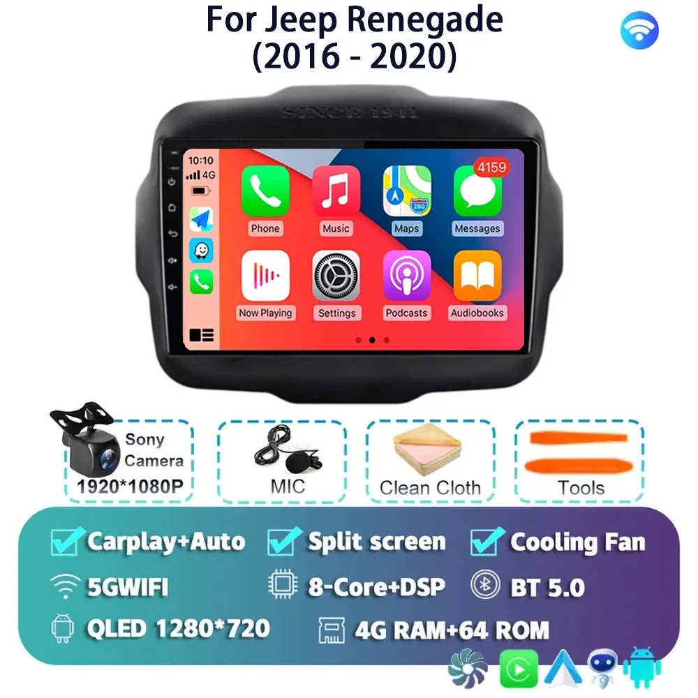 Android 14 For Jeep Renegade 2016 - 2020 2K QLED Android Car Radio Multimedia Video Player GPS AI Voice CarPlay 4G Stereo