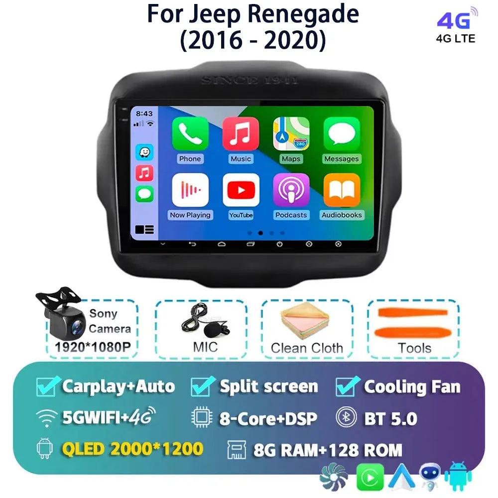 Android 14 For Jeep Renegade 2016 - 2020 2K QLED Android Car Radio Multimedia Video Player GPS AI Voice CarPlay 4G Stereo