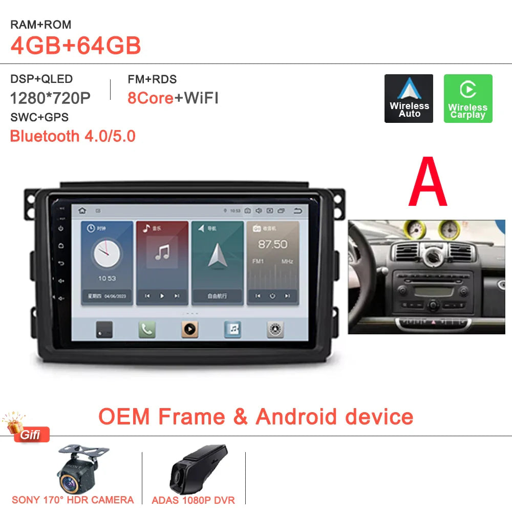 Android 14 Car For Mercedes Benz Smart Fortwo 451 2005 - 2015 Stereo Head Unit GPS Navigation Multimedia Autoradio Dash Cam DVD