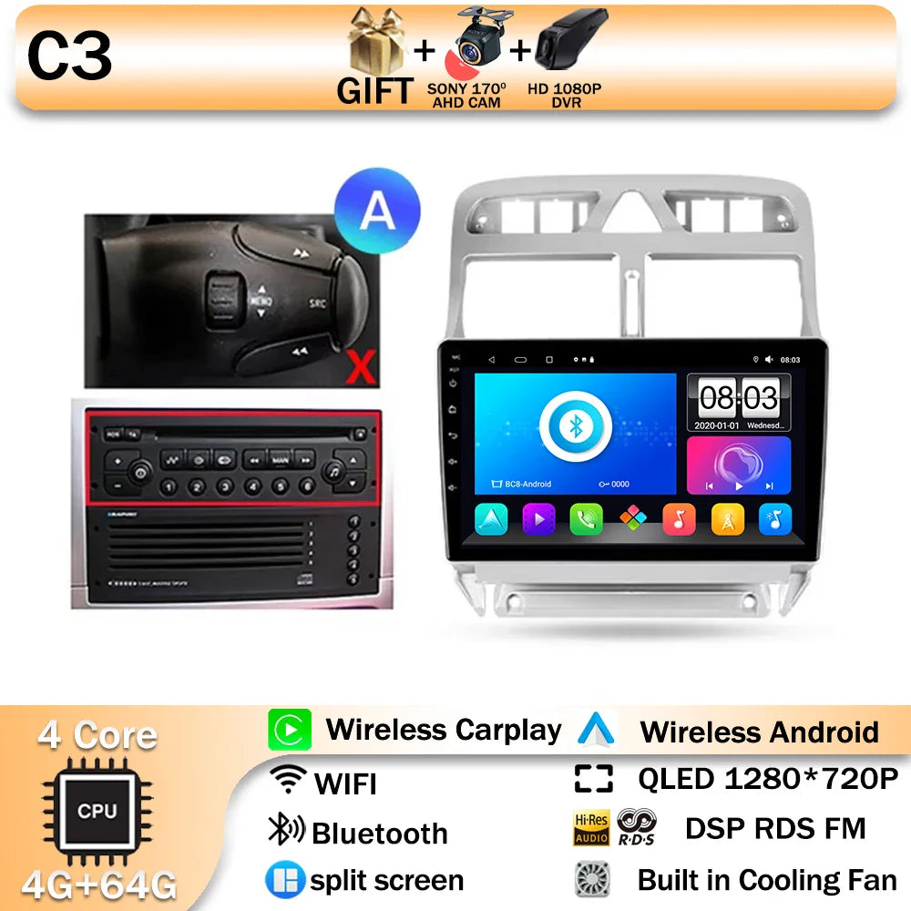 Carplay 2din Android 14 Car Radio Multimedia Gps Navigation For Peugeot 307 307CC 307SW 2002-2013 Stereo 2 DIN 4G WIFI Head Unit