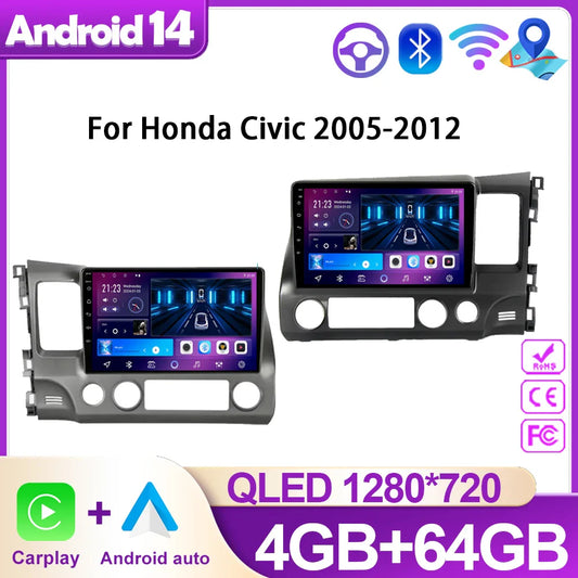 Android 14 Carplay Car Radio For Honda Civic 2005-2012 LHD RHD Auto Multimedia Player Auto Radio GPS Navigation Head Unit No DVD