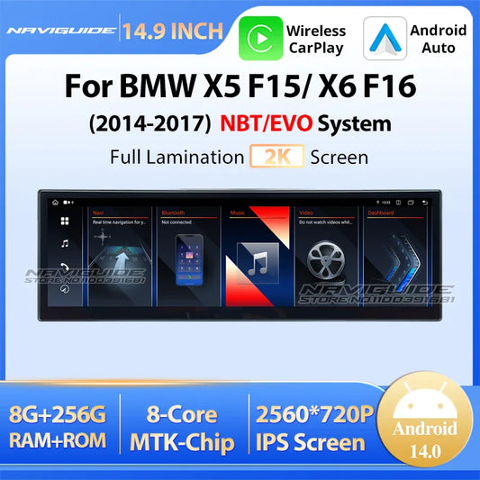 NAVIGUIDE 14.9'' For BMW X5 F15 X6 F16 2014-2017 NBT EVO System Car GPS Navi Multimedia Player Android 14 Wireless CarPlay Auto