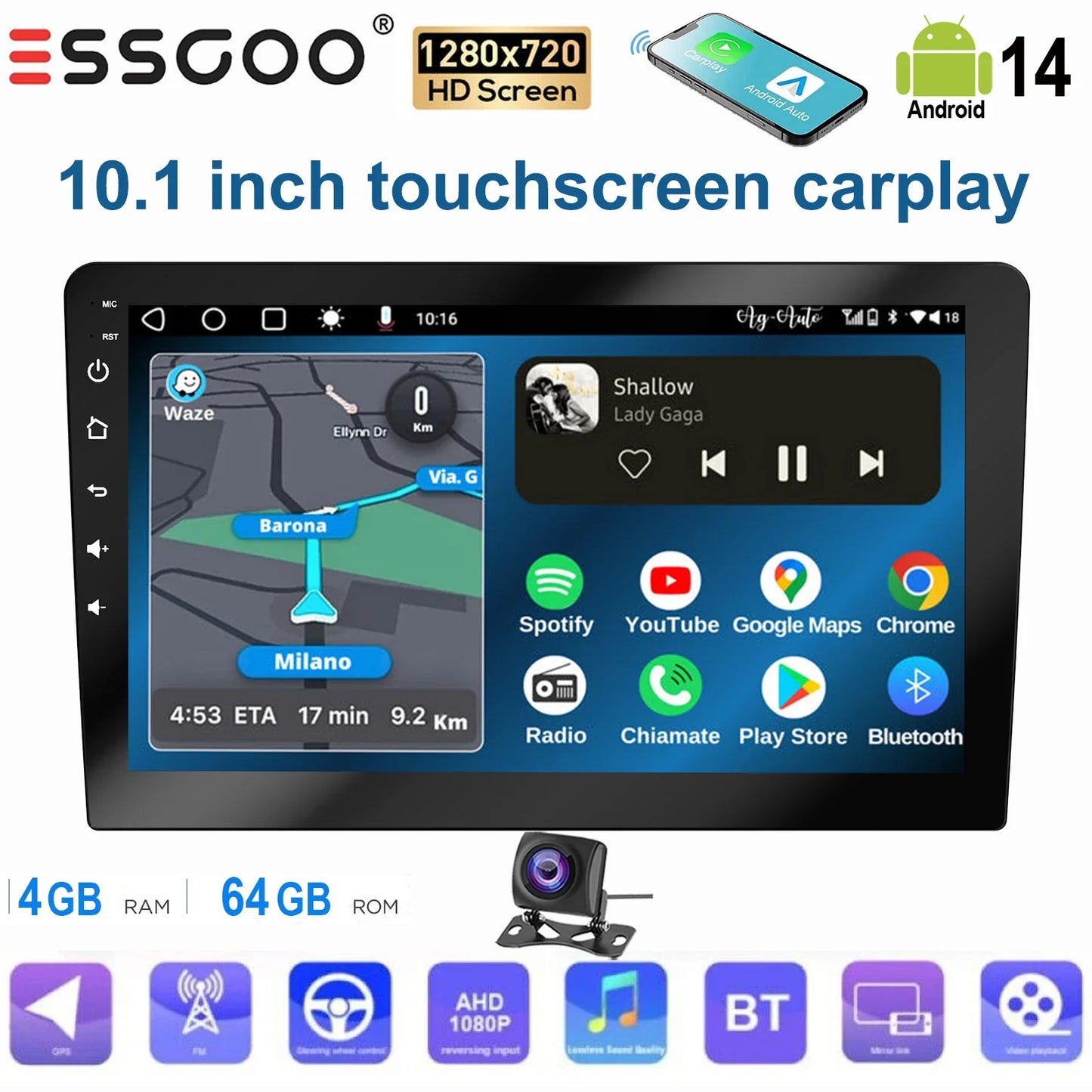 ESSGOO 10.1 Inch touchscreen 2 DIN Car stereo radio Android 14 Wireless Carplay Android auto GPS Navigation WiFi FM RDS SWC USB