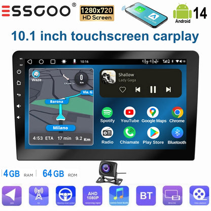 ESSGOO 10.1 Inch touchscreen 2 DIN Car stereo radio Android 14 Wireless Carplay Android auto GPS Navigation WiFi FM RDS SWC USB