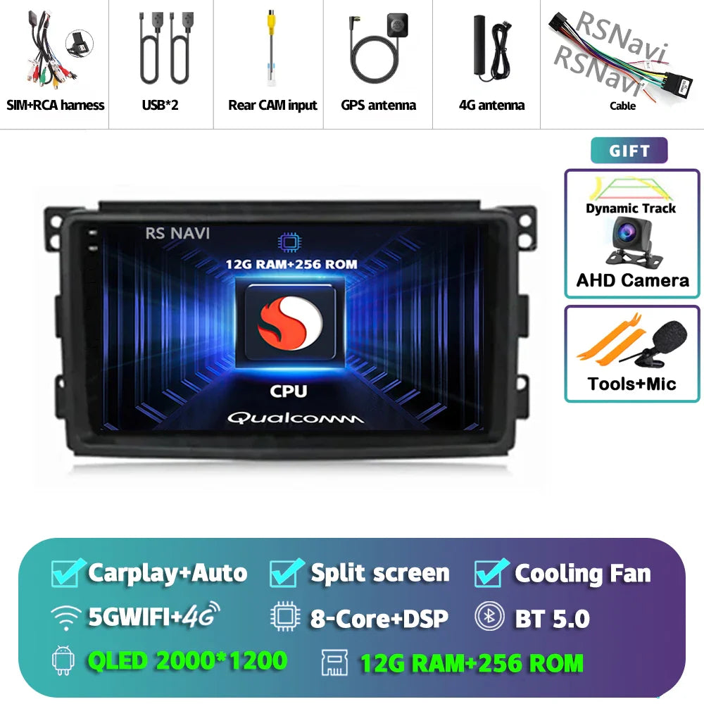 Android 14 Carplay Car Radio Multimedia For Mercedes-Benz Smart Fortwo 451 2005 - 2010 Head Unit GPS Navigation Video DVD Stereo