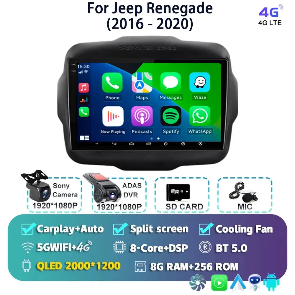 Android 14 For Jeep Renegade 2016 - 2020 2K QLED Android Car Radio Multimedia Video Player GPS AI Voice CarPlay 4G Stereo