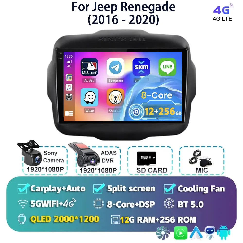 Android 14 For Jeep Renegade 2016 - 2020 2K QLED Android Car Radio Multimedia Video Player GPS AI Voice CarPlay 4G Stereo