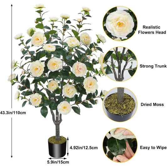 Artificial Camellia Fake Tree, Artificial Plants & Flowers with 32 Yellow Pink Flowers