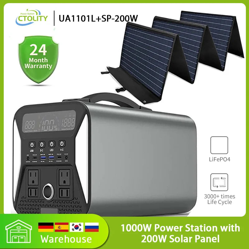 1000W Portable Power Station With 200W Solar Panel Lifepo4 Batteries for Camping Outdoor Solar Generater Pure Sine Wave