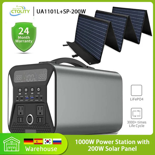 1000W Portable Power Station With 200W Solar Panel Lifepo4 Batteries for Camping Outdoor Solar Generater Pure Sine Wave