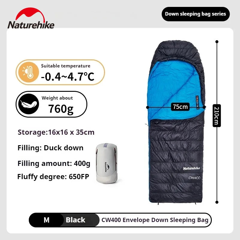 Naturehike CW400 Duck Down Sleeping Bag Winter 650FP Ultralight Camping Hooded Envelope Hiking Thickened Waterproof Warm Bag