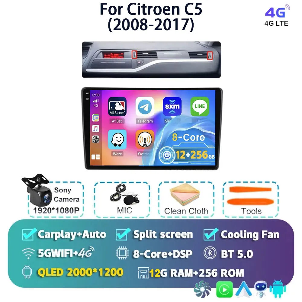 Android 14 Carplay Auto Car Radio Multimedia Player For Citroen C5 2008 2009 2010-2017 Autoradio Stereo DSP GPS 2din Head Unit