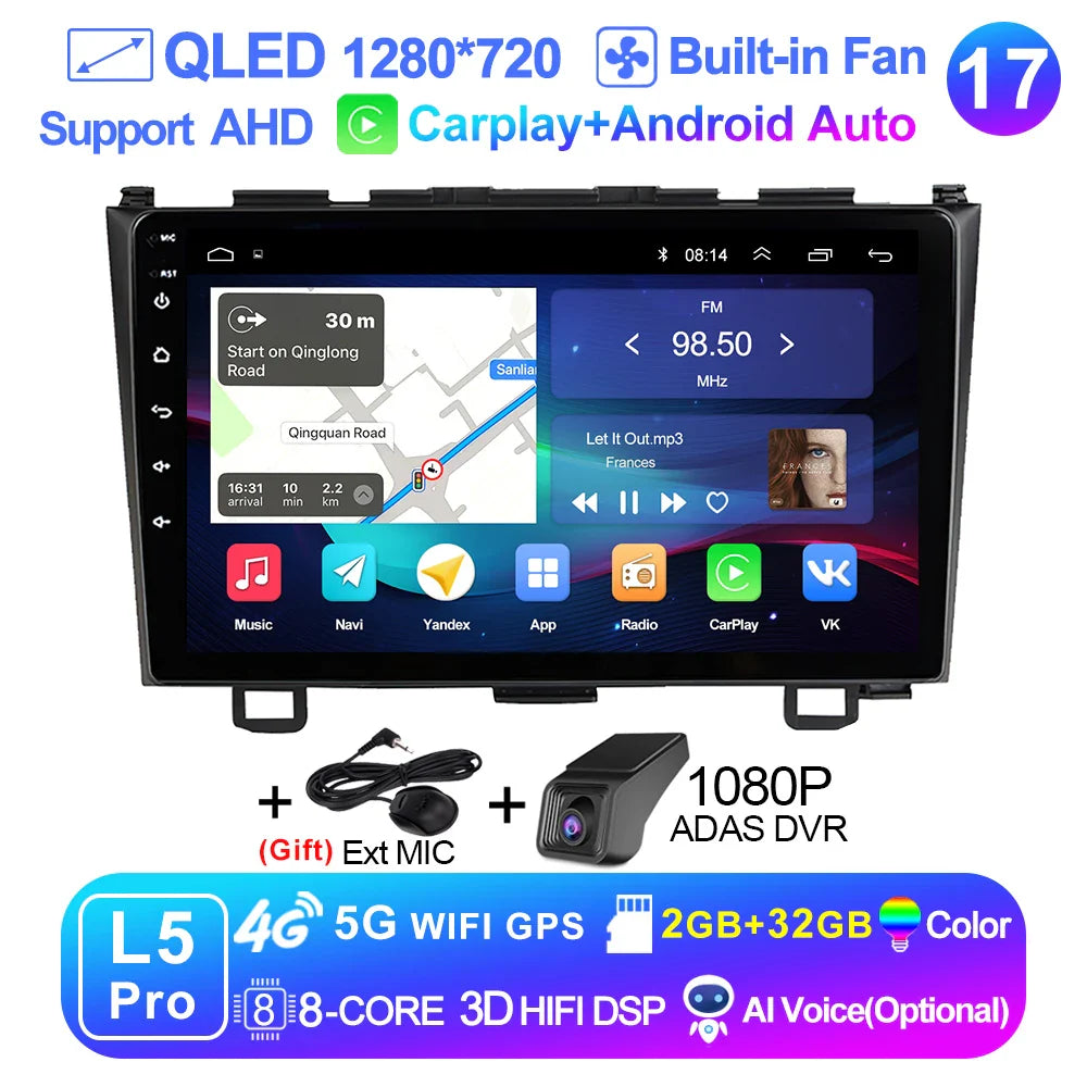 LEHX Pro 5G WIFI 8 Core Android 14 2 Din Autoradio Car Radio Multimedia Player For Honda CRV CR-V 2006-2011 Carplay gps dvd QLED