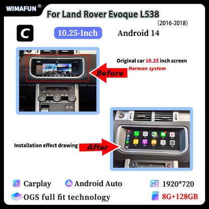 10.25" For Range Rover Evoque L538 2012-2018 Car Radio Navigation Multimedia Screen Bluetooth Player Android 14 Carplay Auto