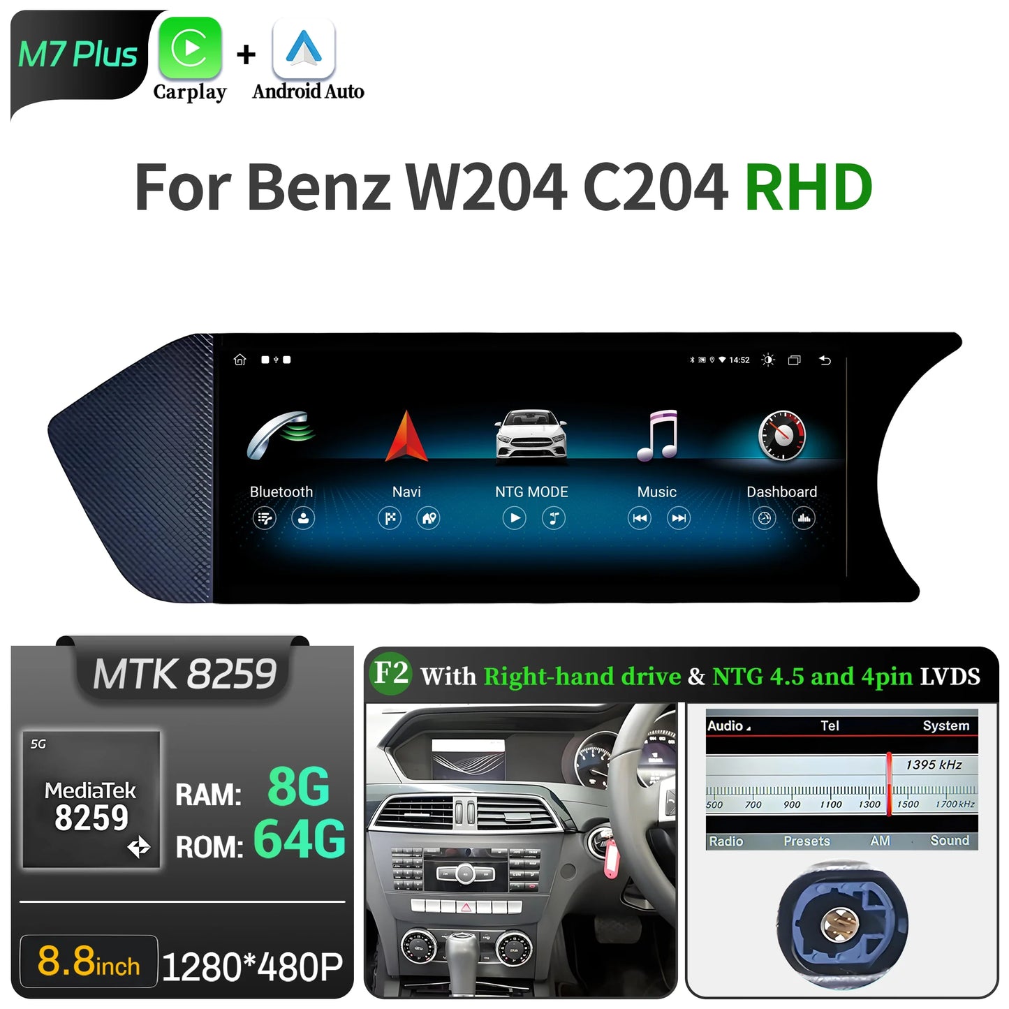 8.8 inch Android 14 For Mercedes Benz C Class W204 S204 2011-2015 Car Radio BT Carplay Qualcomm Snapdragon 680 Head Unit Screen