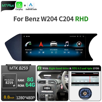 8.8 inch Android 14 For Mercedes Benz C Class W204 S204 2011-2015 Car Radio BT Carplay Qualcomm Snapdragon 680 Head Unit Screen