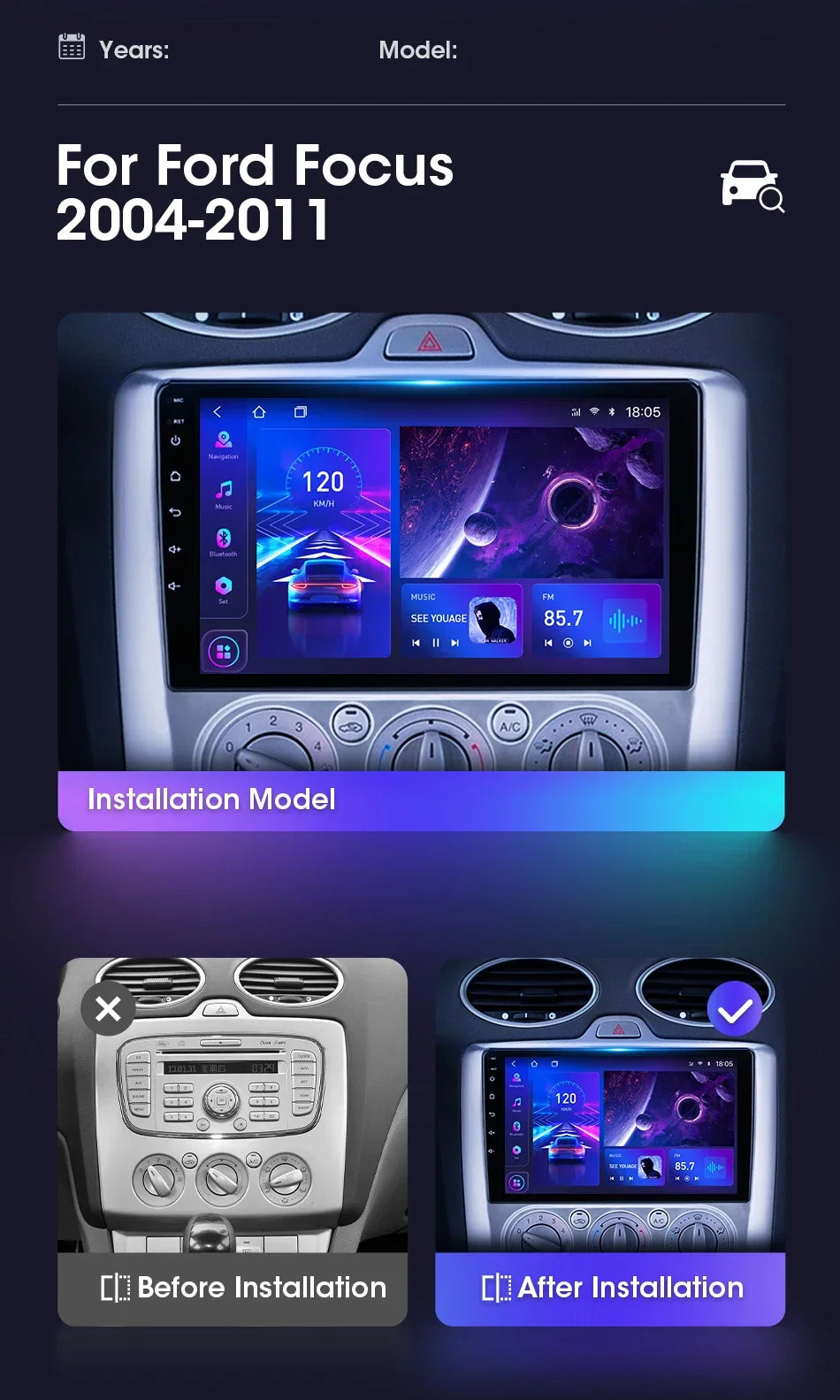 9" Car Radio For Ford Focus 2004 2005 2006 2007 2008 2009 2010 2011 Android12 Multimidia Video Player Head Unit wireless Carplay