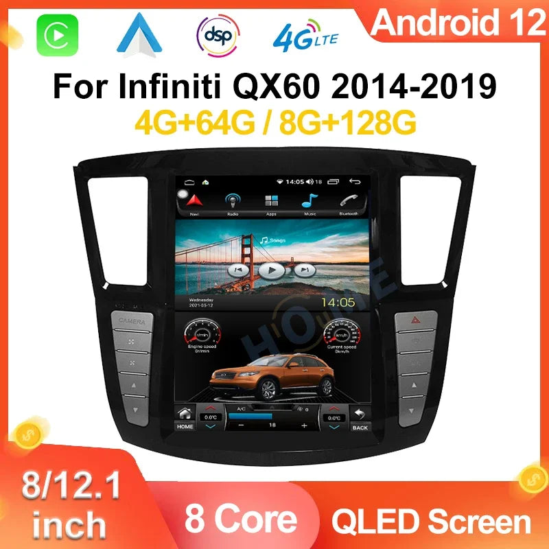 Android 12 Carplay Auto For Infiniti QX60 JX35 2014- 2019 Car Radio Automotive Multimedia Tesla Screen Bluetooth GPS WIFI DSP