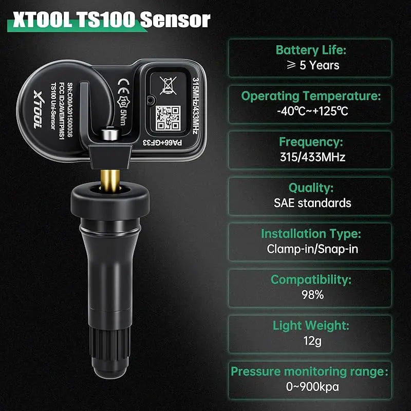 XTOOL TS100 TPMS Sensor Rubber Version 433MHZ & 315MHZ Tire Pressure Sensor Monitor Tester Tools Work With XTOOL TP150 IP819TP