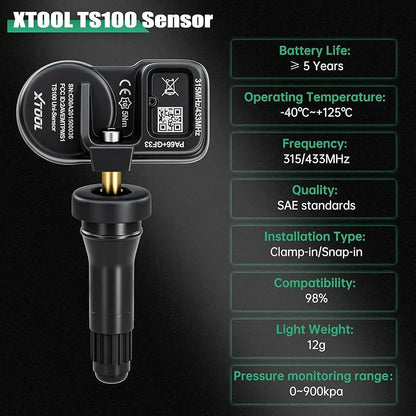 XTOOL TS100 TPMS Sensor Rubber Version 433MHZ & 315MHZ Tire Pressure Sensor Monitor Tester Tools Work With XTOOL TP150 IP819TP