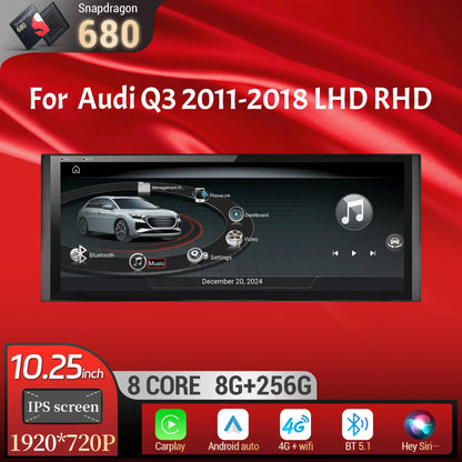 10.25 inch Android 14 For Audi Q3 2011-2018 Car Radio Wireless Bluetooth Carplay Qualcomm Snapdragon 680 Head Unit Touch Screen